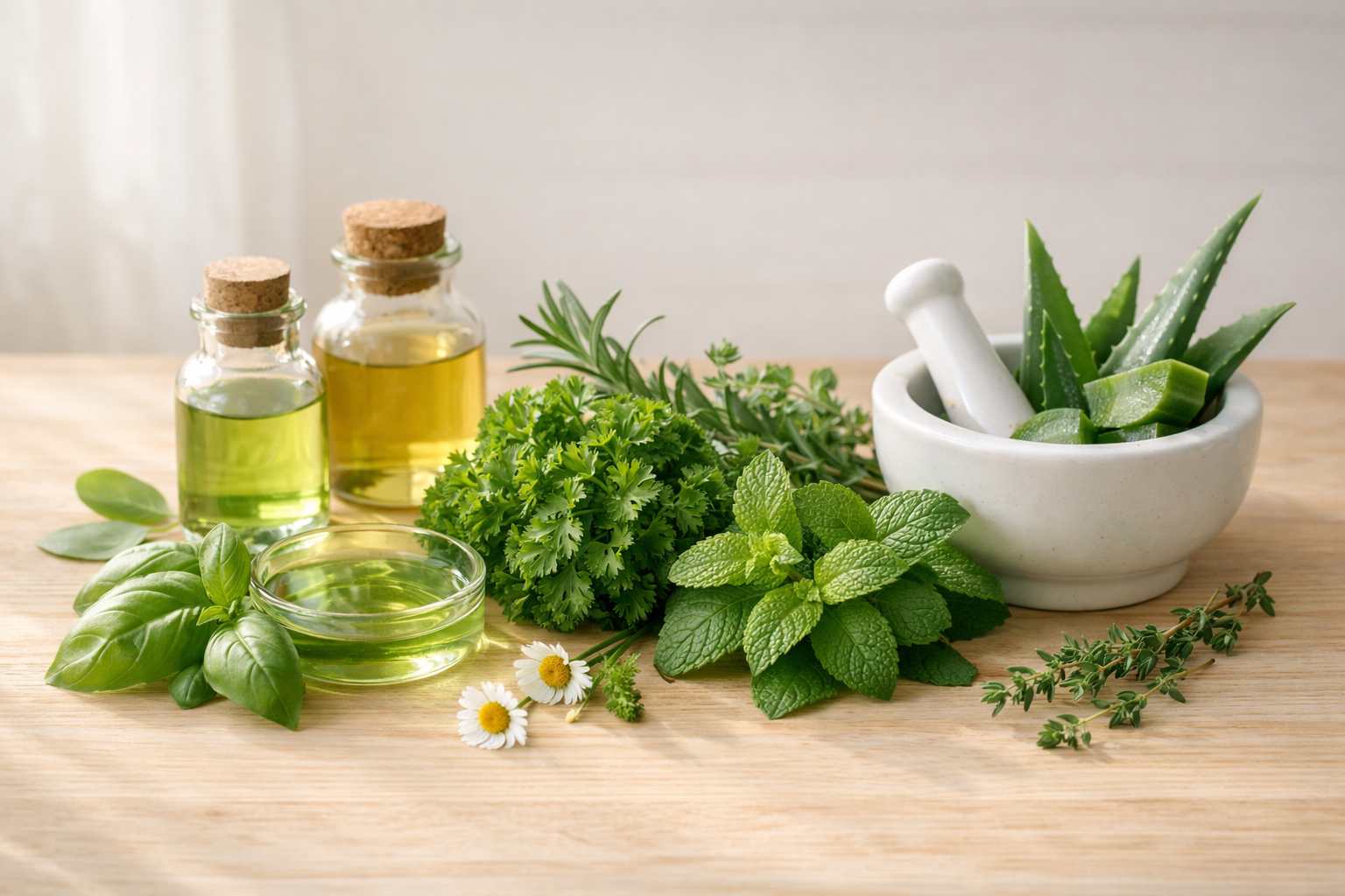 Fresh green herbs and natural plant extracts on light wooden surface with soft natural lighting, minimalist composition emphasizing wellness and vitality