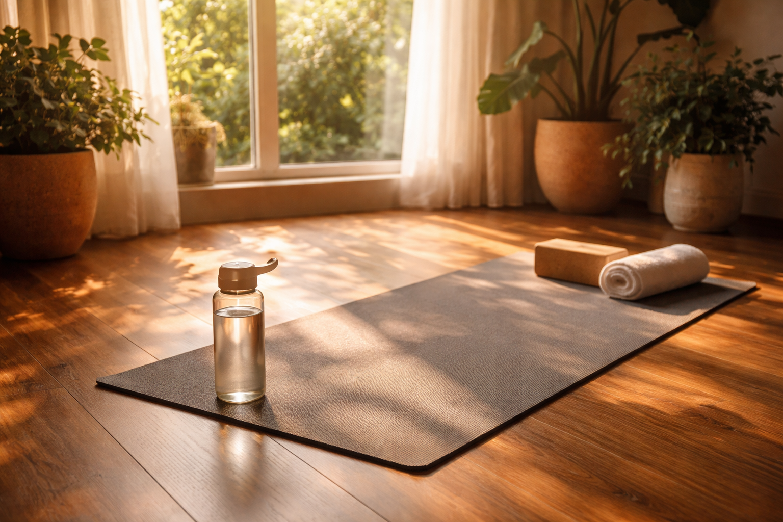 Peaceful morning scene with sunlight streaming through window, yoga mat and water bottle on wooden floor, serene wellness atmosphere